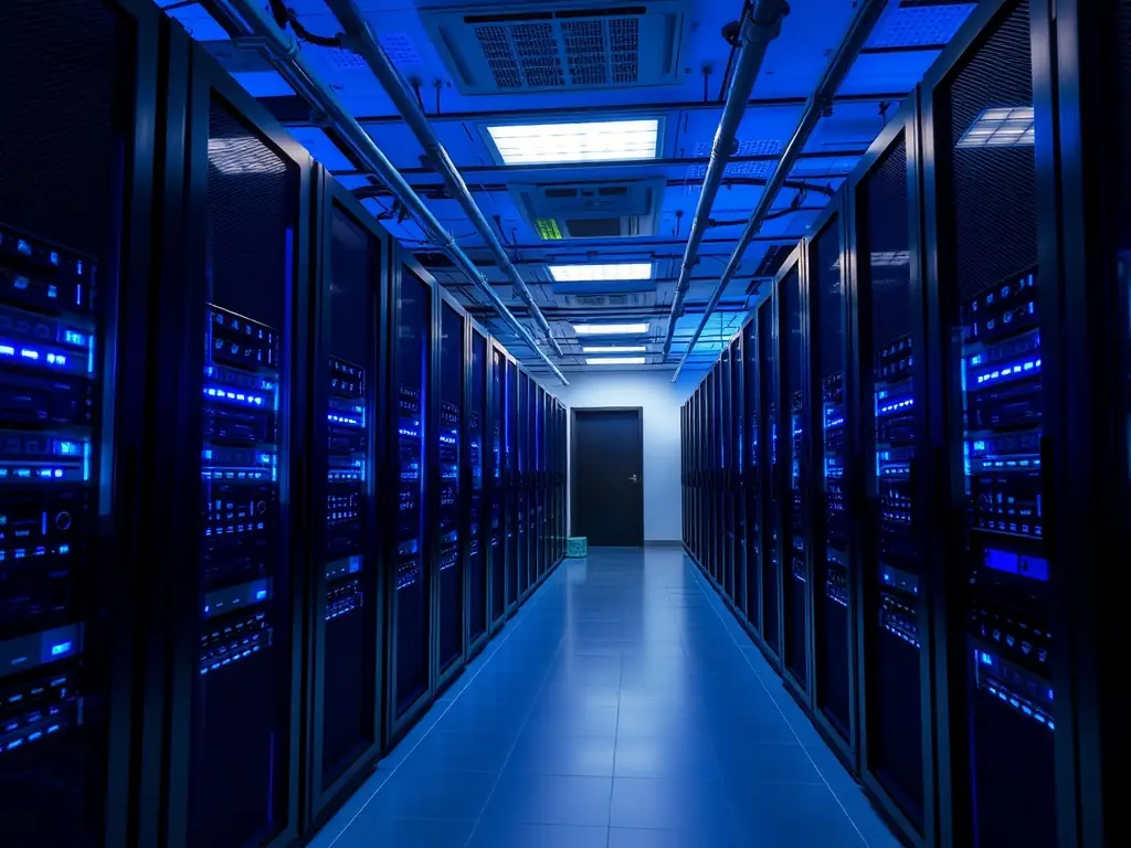 A secure data center with rows of servers, illuminated by blue lights, representing robust cybersecurity infrastructure and data protection.
