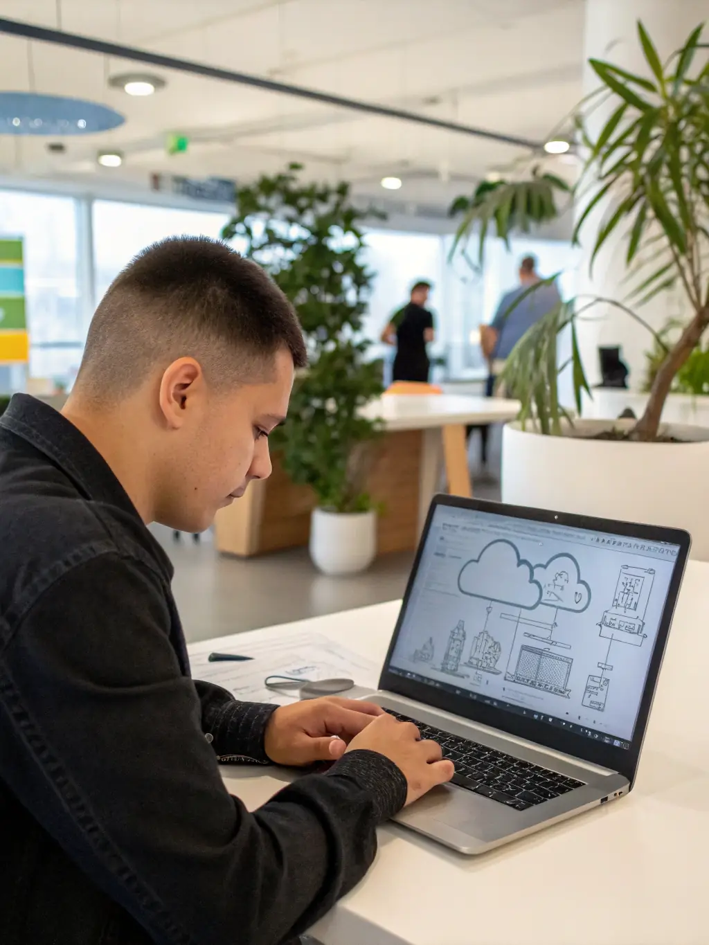 A cloud architect designing a cloud infrastructure diagram on a large monitor, showcasing cloud optimization services.