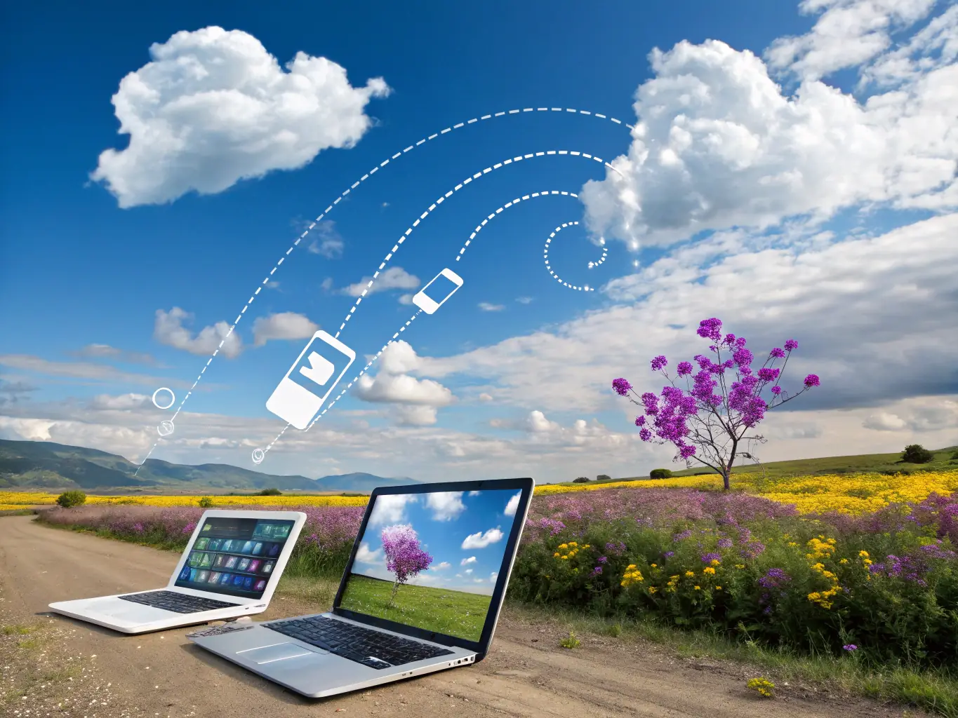 A visual representation of cloud computing, showing interconnected devices and data flowing seamlessly, symbolizing efficient cloud optimization.