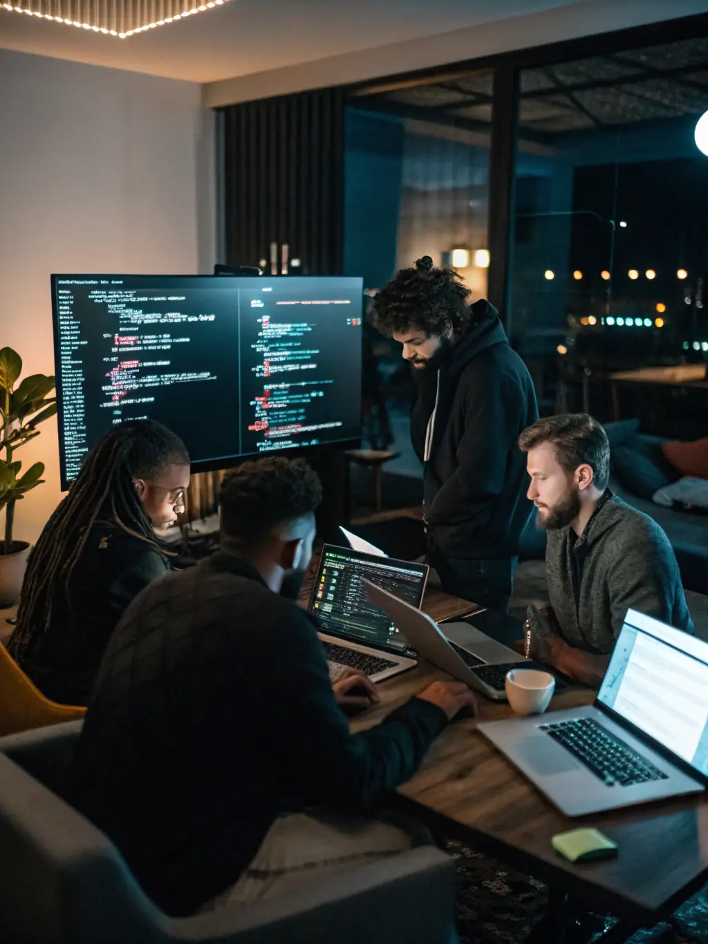 A software development team collaborating on code in a modern, agile environment, representing custom software solutions.