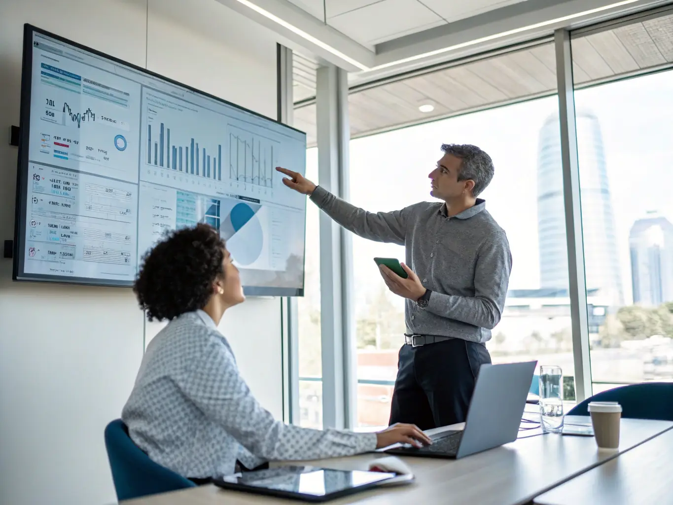 An IT consultant is presenting a data analytics report to a client, highlighting key insights and recommendations for improving business performance.