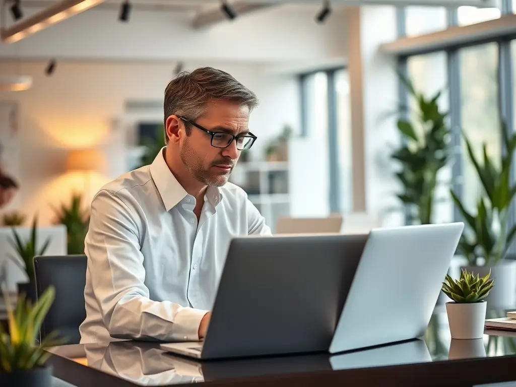 A professional IT consultant is analyzing network infrastructure on a computer screen, ensuring optimal performance and security for a client's business operations.