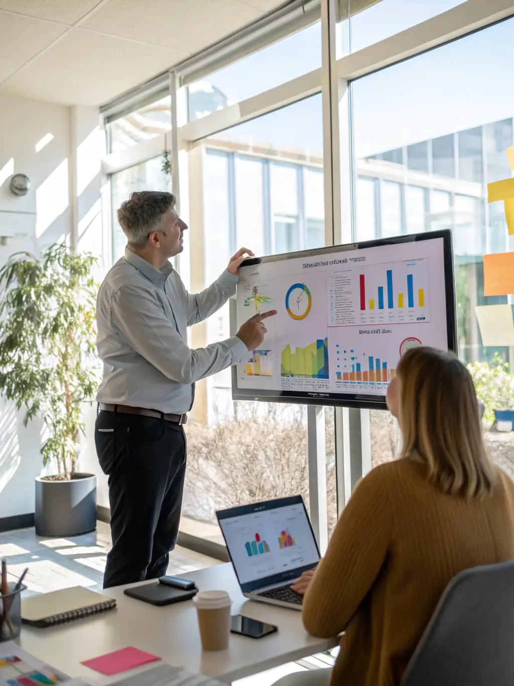 A consultant presenting a data analytics dashboard to a client, emphasizing data-driven decision-making.