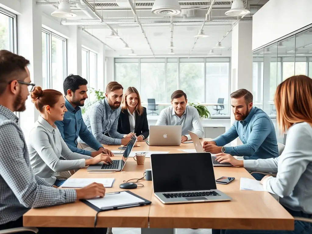 A diverse team of IT consultants collaborating around a table, reviewing data on a large screen, symbolizing strategic planning and problem-solving.