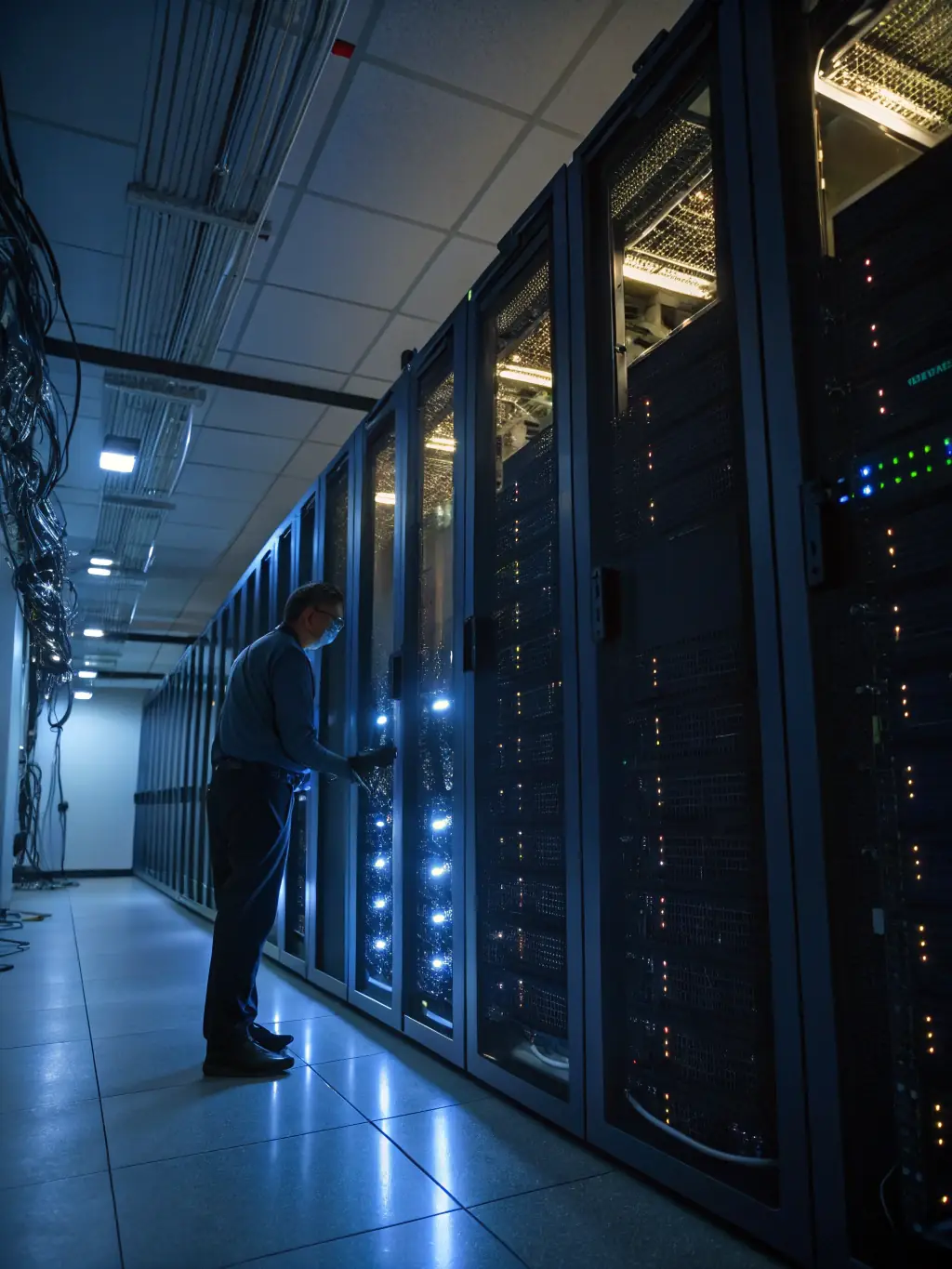 An image of a server room with data being backed up and recovered, showcasing futuresbirdtech's data management services.