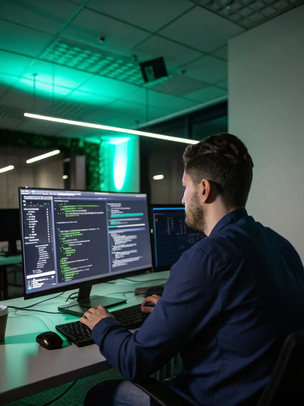 A network security engineer analyzing firewall logs in a dark server room, highlighting cybersecurity services.