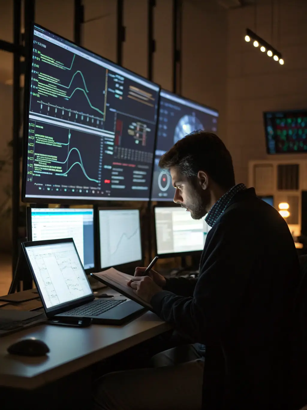 A professional photo of a cybersecurity expert analyzing network traffic on a computer screen, highlighting futuresbirdtech's cybersecurity services.